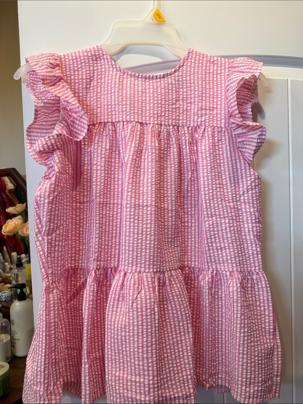 Pink Seersucker Ruffle Sleeve Top